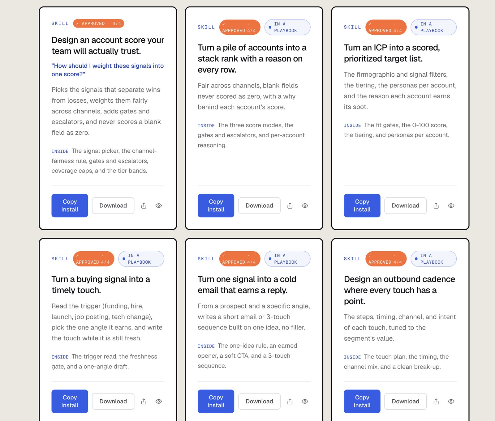 A grid of agent cards, each showing an approved four of four eval verdict and whether it is used inside a playbook