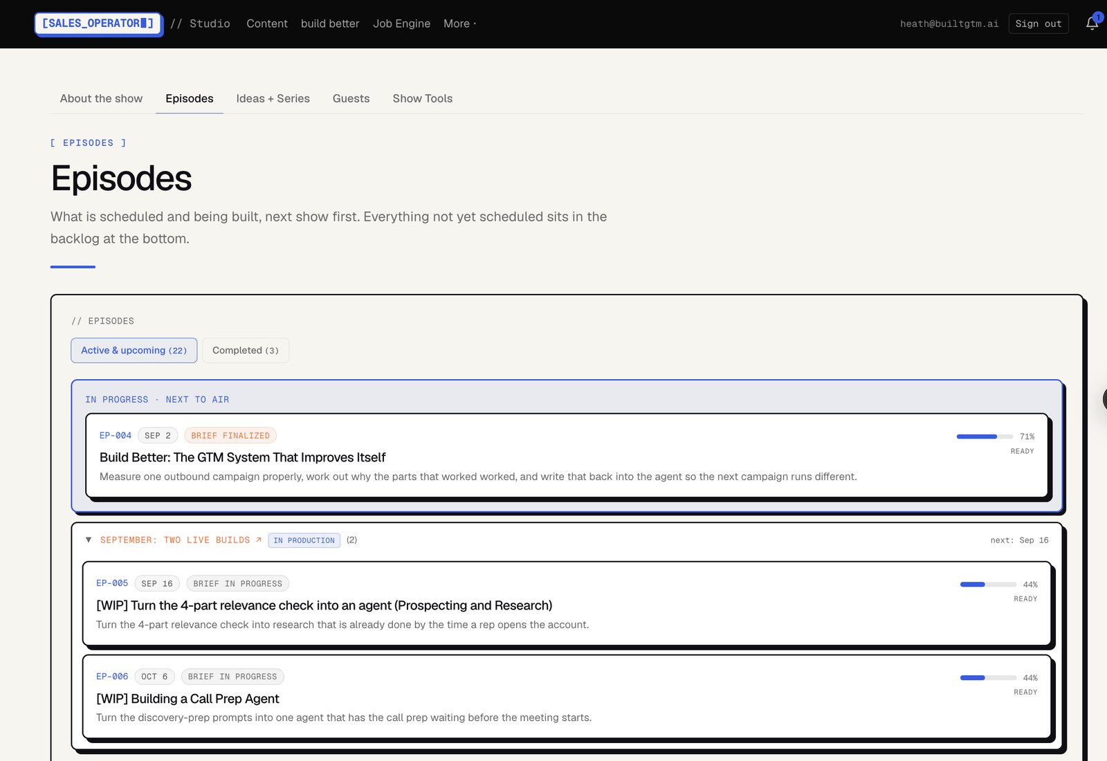 The show manager listing episodes with their status, air date and readiness