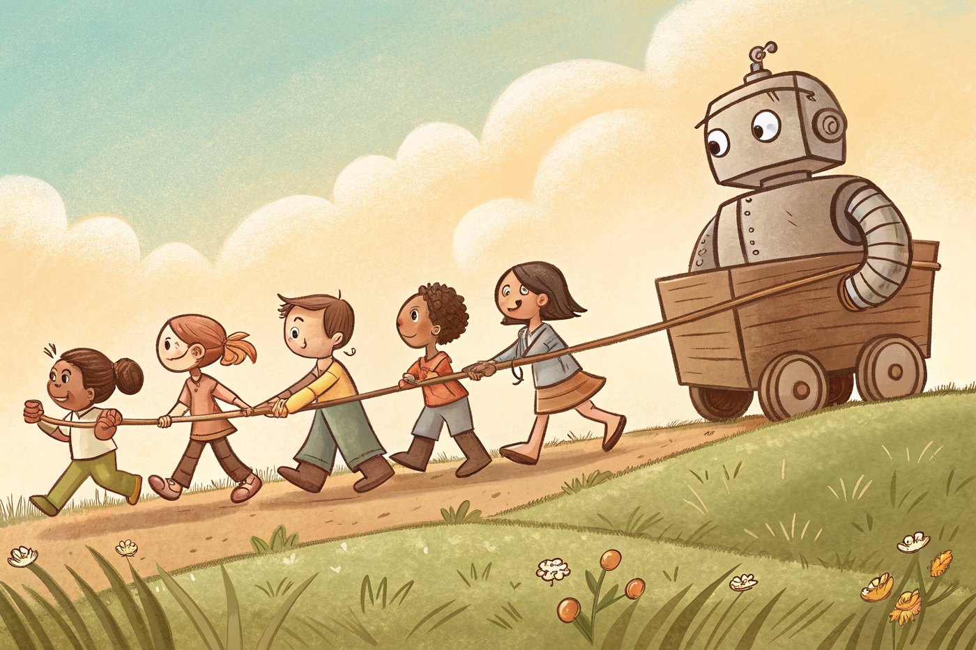 A group of people towing a friendly giant robot on a wooden wagon