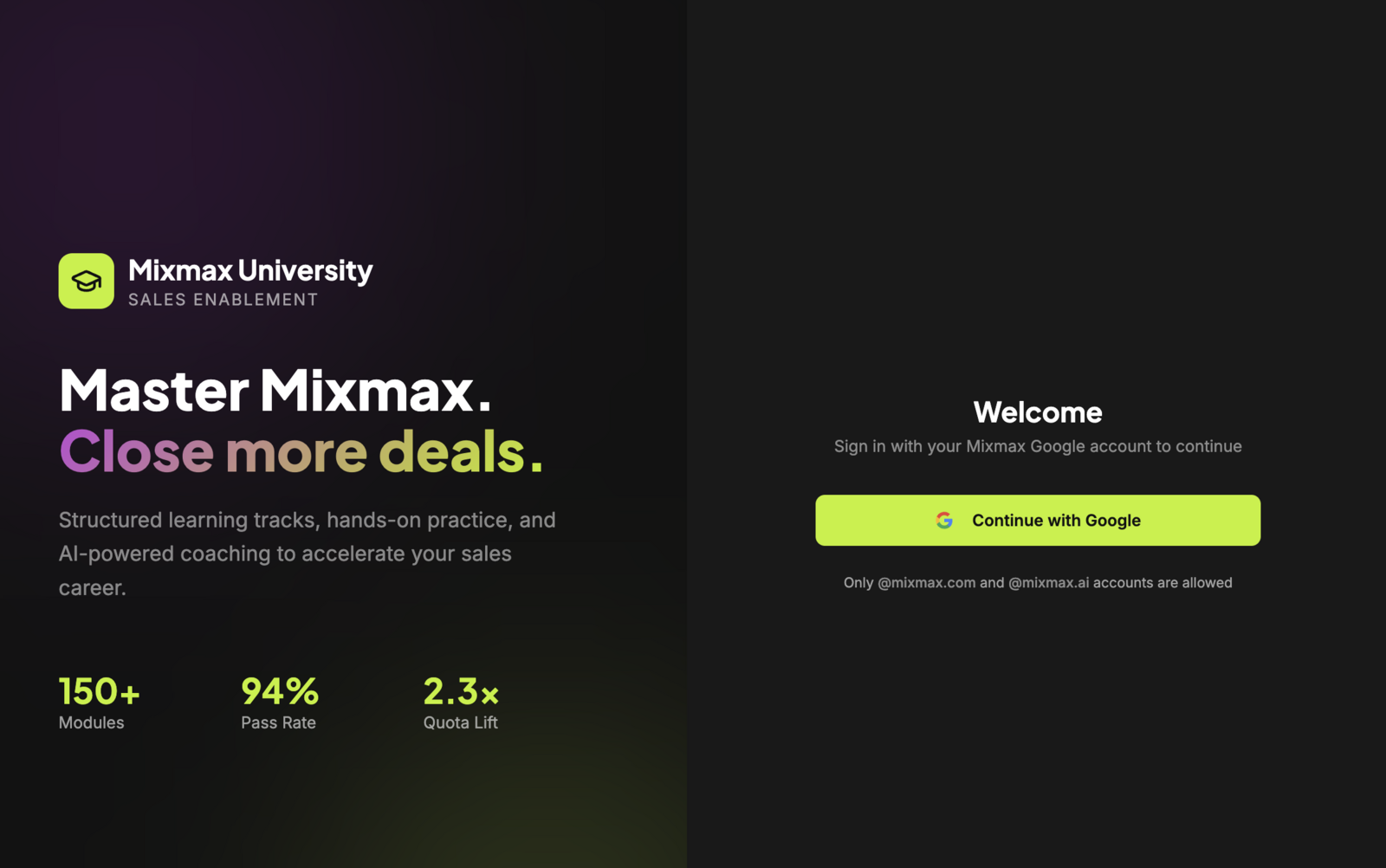 Screenshot of the original Mixmax University sign-in screen, showing structured learning tracks and AI-powered coaching